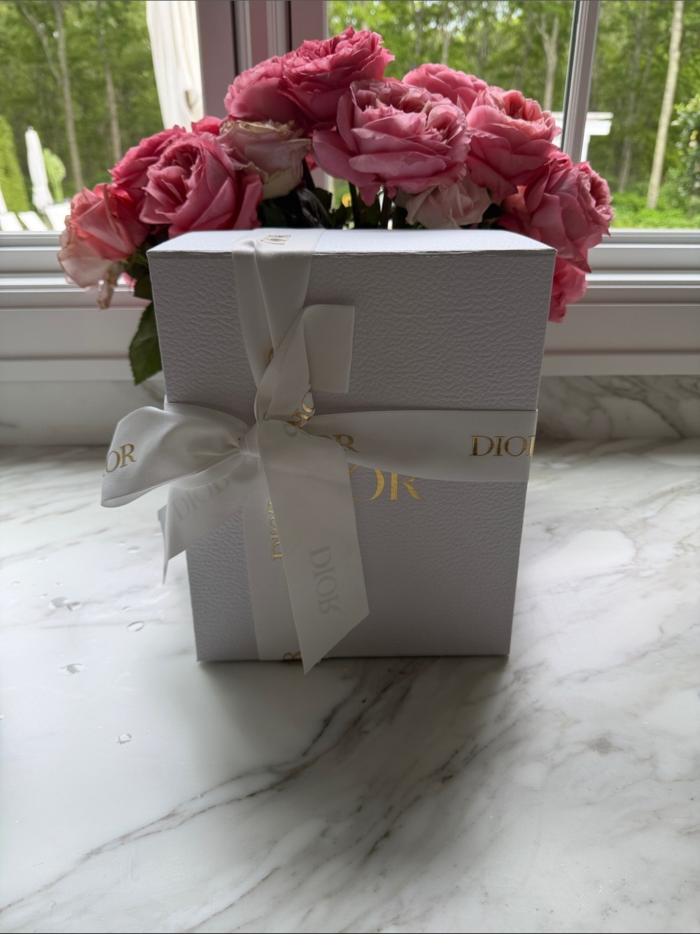 Dior White Box with Gold-Stamped Ribbon and Pink Roses